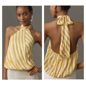 NWT Anthropologie Maeve Halter Scarf Bubble Hem Yellow White Stripes Top Size XS